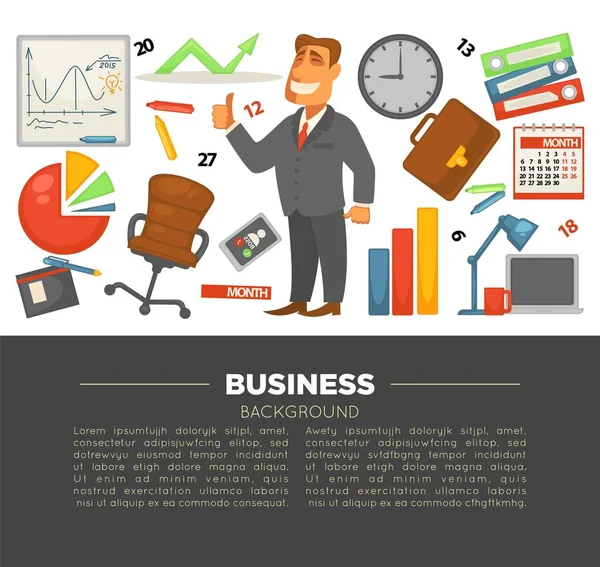 Obchodní a kancelářské potřeby obchodníka v kostýmu a grafice — Stockový vektor