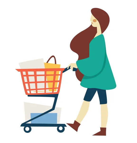 Mulher de compras com carrinho de supermercado ou trole sacos e caixas —  Vetores de Stock