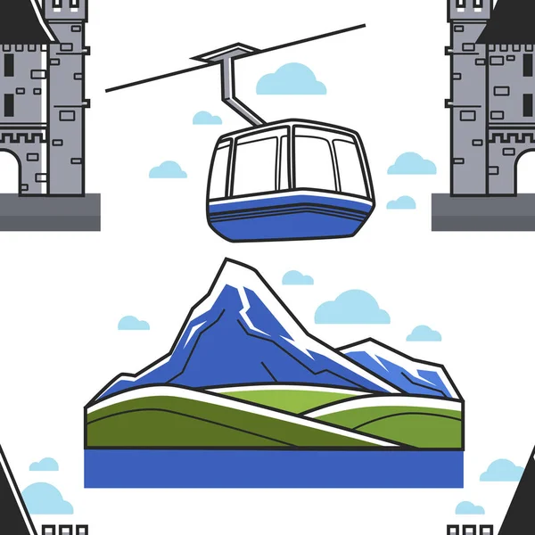 Schweizer Landschaft Schloss und Standseilbahn nahtlose Muster Wahrzeichen und Sehenswürdigkeiten — Stockvektor