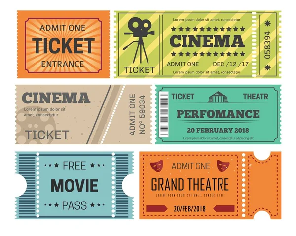 Billets de théâtre et de cinéma entrée ou papier passe objets isolés — Image vectorielle