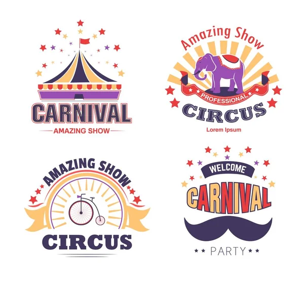 Circus show en Carnaval partij geïsoleerde pictogrammen tent en olifant — Stockvector