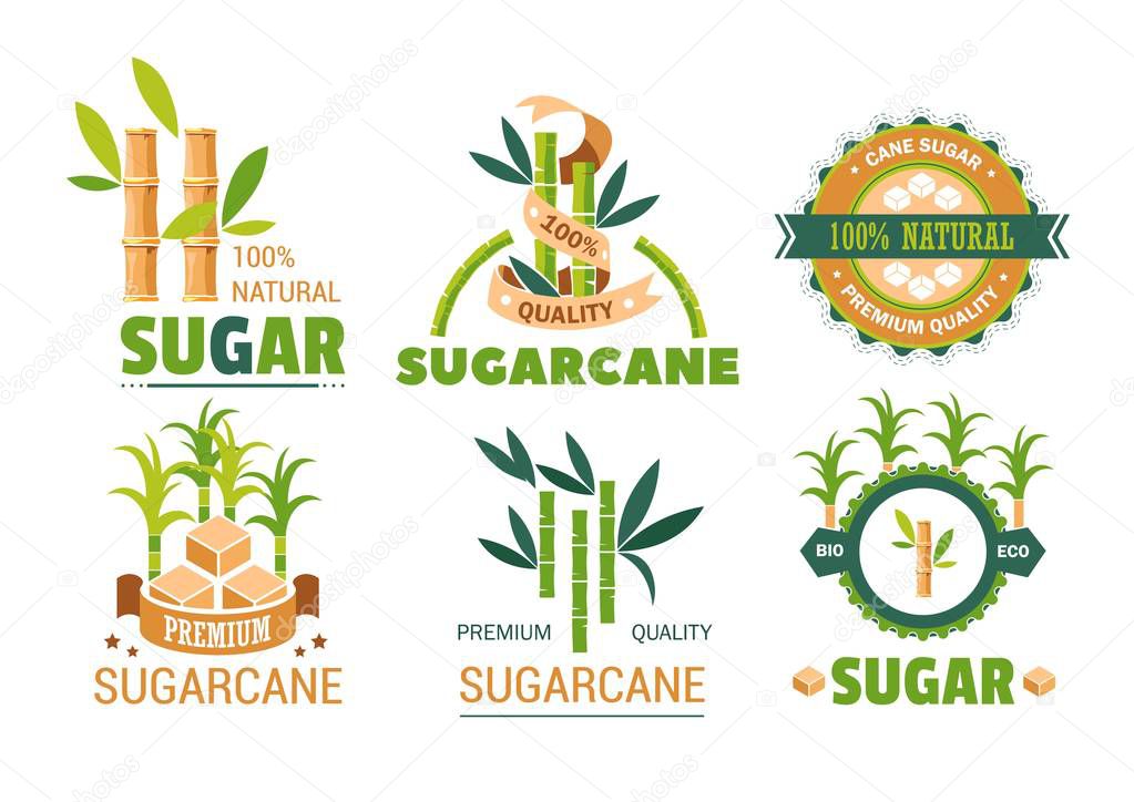 Sweet condiment sugarcane product isolated vector icons plant sugar organic food sweetener in cube shape or sand structure additive or natural supplement from China plantations premium quality.