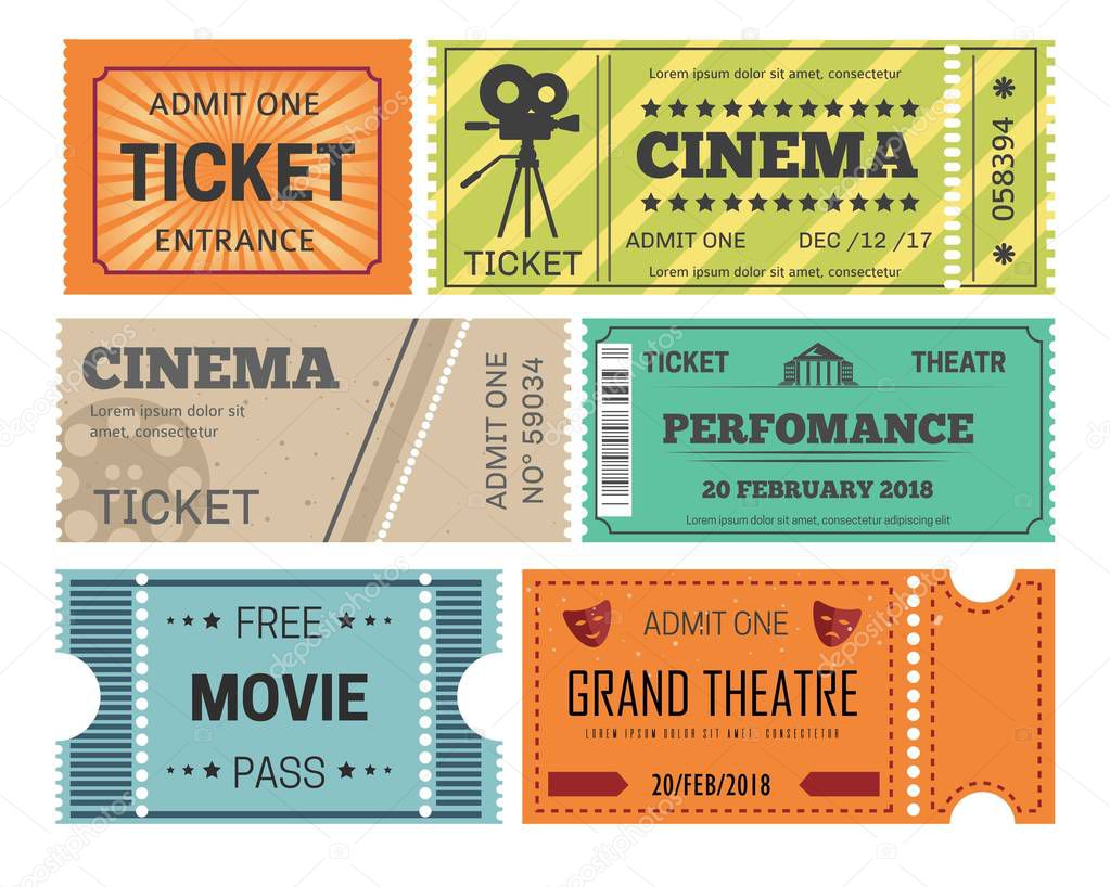 Theater and cinema tickets admission or paper pass isolated objects