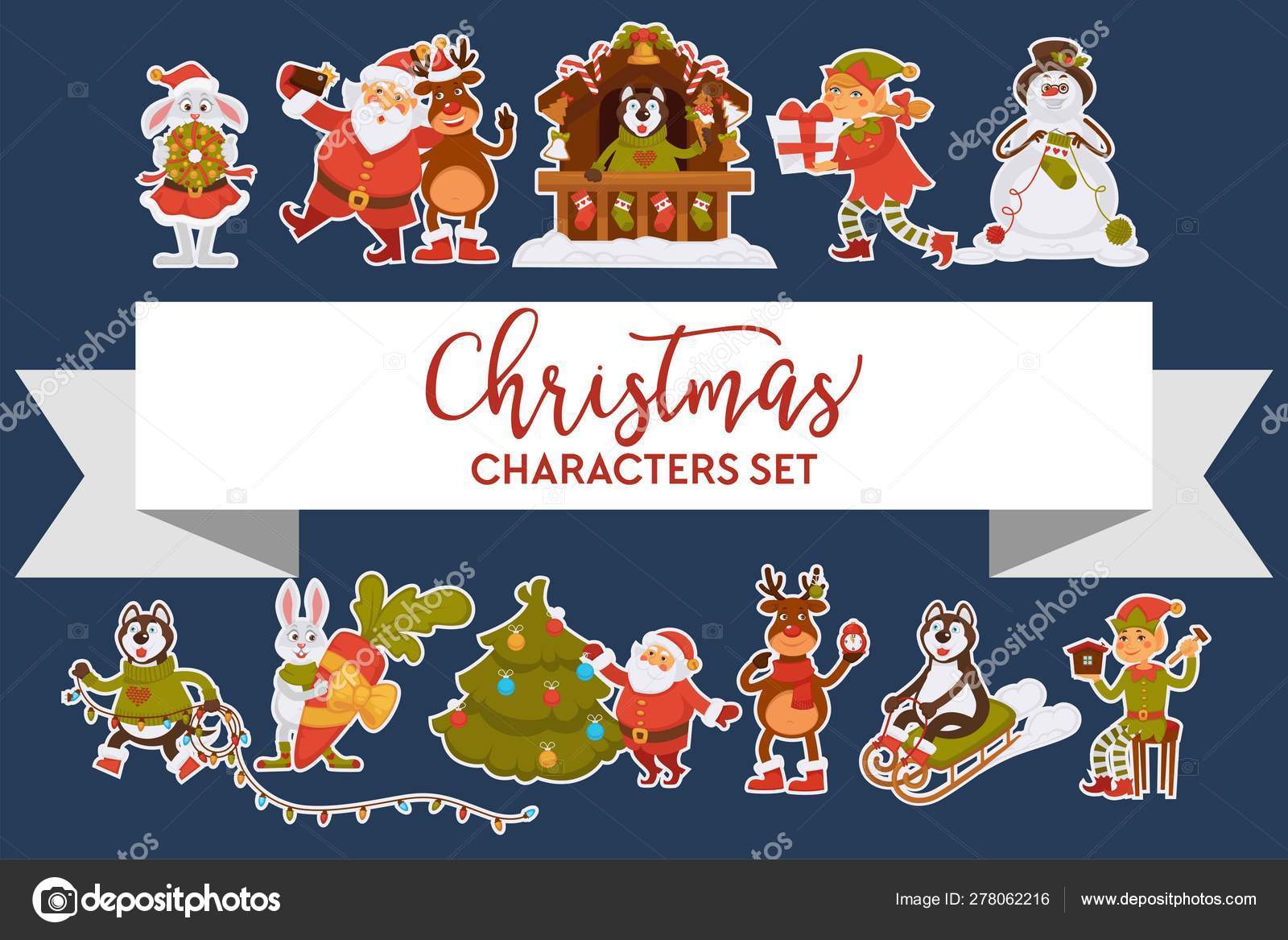 Christmas characters Santa Clause animals and elves snowman