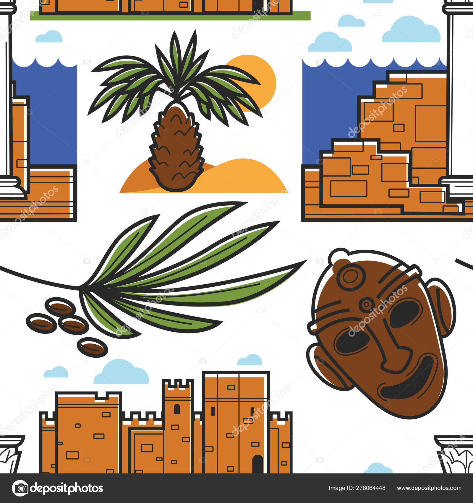 Tunisia-symboler, palmer og gamle ruiner, masker og dadler stockvektor ©  Sonulkaster #278064448, image size:1600x1700