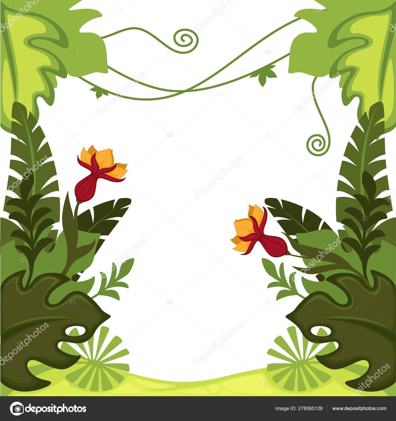 Plantas selváticas hojas de la selva y flores enmarcan palmeras Vector de  stock #278065128 de ©Sonulkaster, image size:1600x1699
