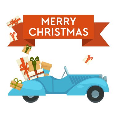 Hediyeler veya hediyeler ile Merry Christmas tebrik kartı araba