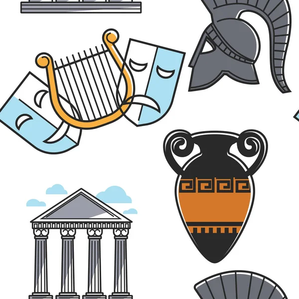 Masques théâtraux et casque de gladiateur amphore et piliers motif sans couture — Image vectorielle