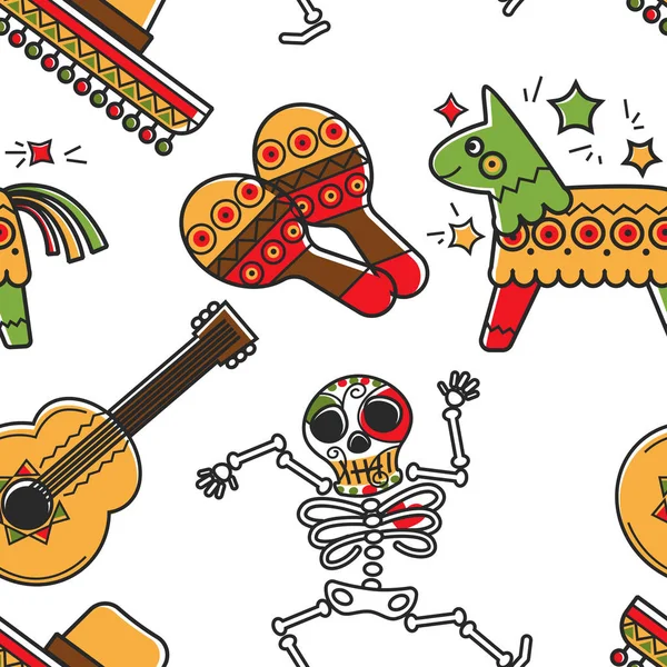Cultura messicana e Messico simboli scheletro maracas e chitarra — Vettoriale Stock