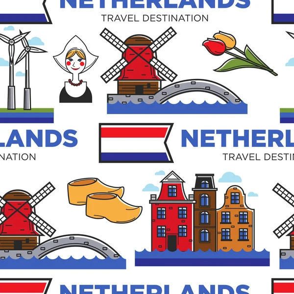Niederlande oder Holland Symbole nahtlose Muster Reisen — Stockvektor