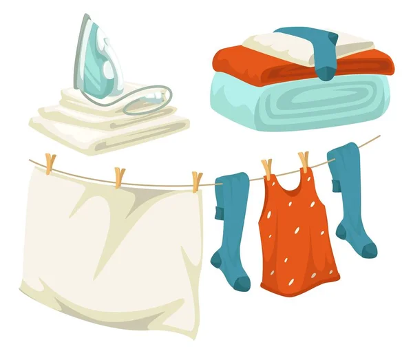 Rengör tvätten strykjärn och tork lina med stift linne och kläder — Stock vektor