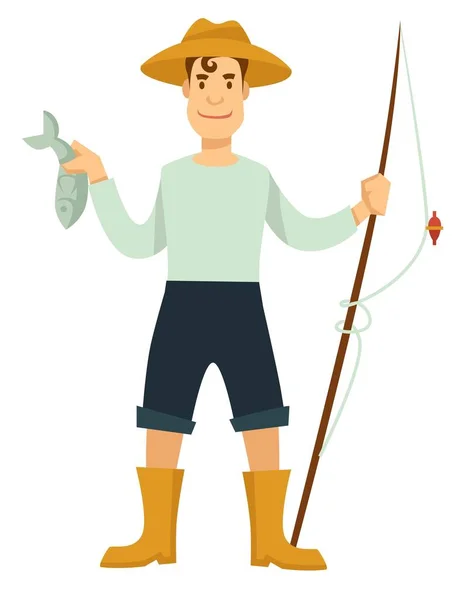 Pescador com cana de pesca e peixe em chapéu e botas de borracha — Vetor de Stock