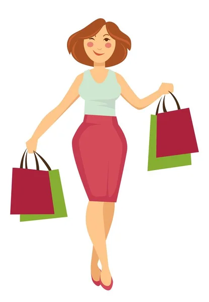 Mulher com sacos de compras andando e comprando fazer compras — Vetor de Stock