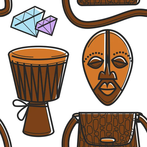 Afrique du Sud symboles motif sans couture tomtom et masque — Image vectorielle
