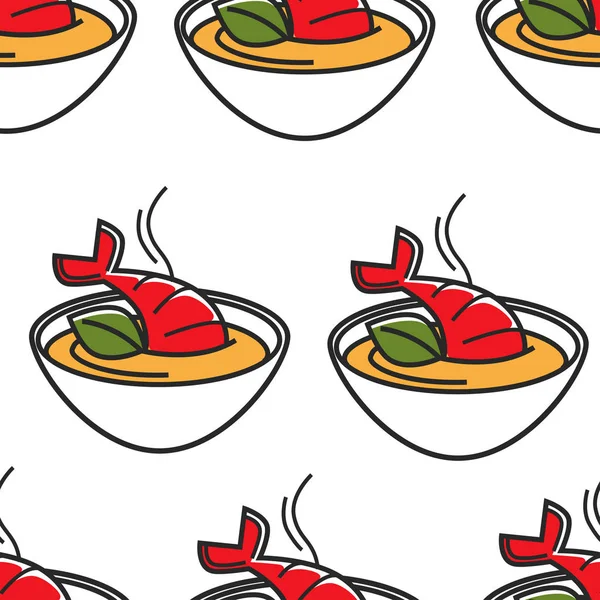 Тайская еда морепродукты омар суп миска бесшовный шаблон — стоковый вектор