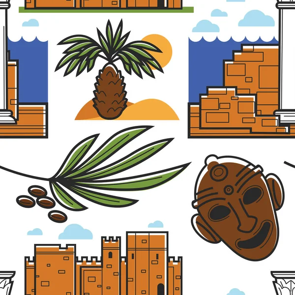 Túnez símbolos palmera y ruinas antiguas máscara y frutas fecha — Archivo Imágenes Vectoriales