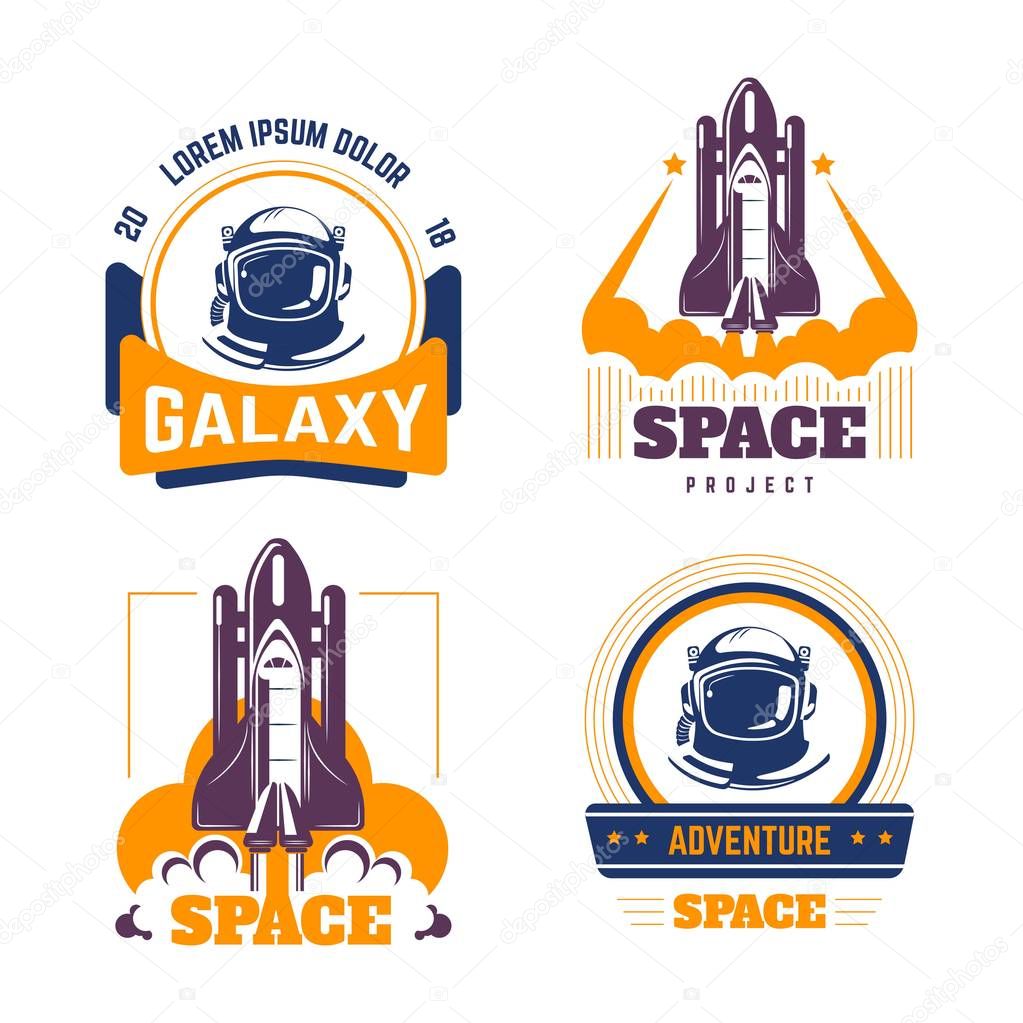 Space exploration spacecraft and pressure suit isolated icons cosmic rocket vector shuttle launch missile astronautic mission cosmos and science starship and rocketship takeoff galaxy and universe.
