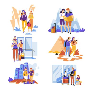 Turizm ve seyahat çiftler ve aileler tatil ve tatil izole karakterler