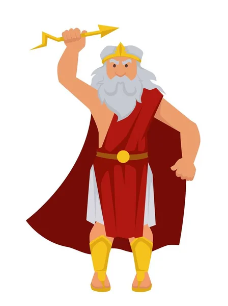 Zeus Dios griego aislado personaje masculino anciano con un rayo en la mano — Vector de stock