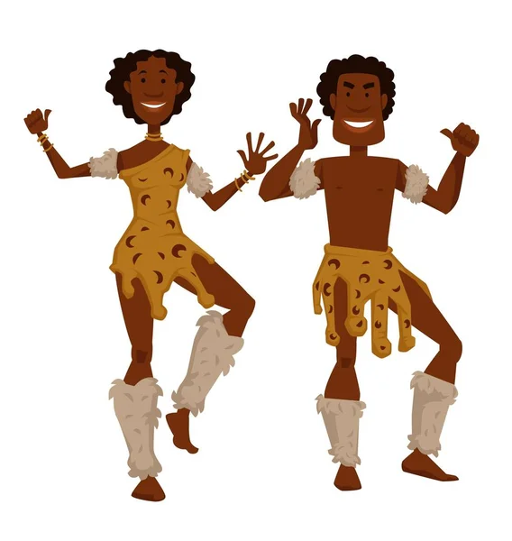 Tribu africana hombre y mujer en piel de animal y piel bailando — Vector de stock