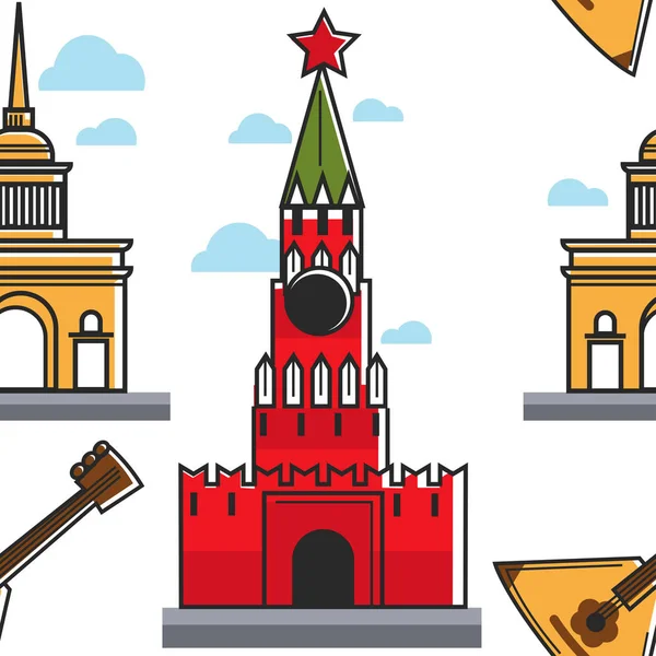 러시아 건축과 음악 원활한 패턴 크렘린과 제독 건물 — 스톡 벡터
