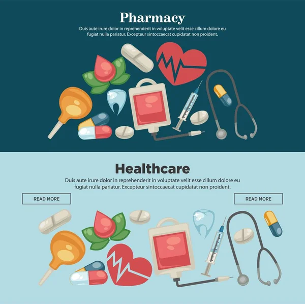 Farmácia e saúde web pages templates pílulas e doação de sangue —  Vetores de Stock