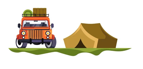 Camping en Jeep auto met bagage tent reis en natuur — Stockvector