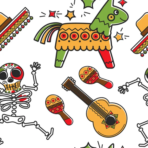 Skeleton and guitar maracas and sombrero pinta seamless pattern — Stock Vector