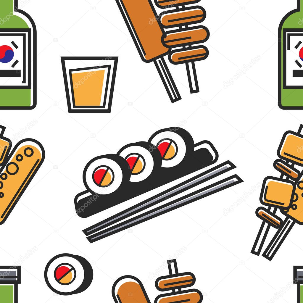 Korean food sushi and deep fried fast food soju drink