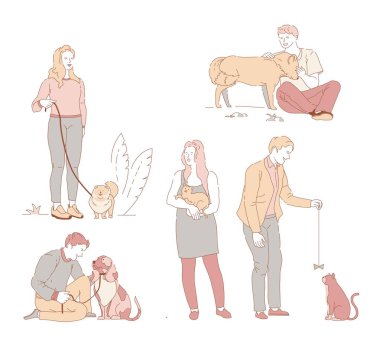 Park sahipleri köpek ve kediler izole karakterler evcil hayvan ile İnsanlar