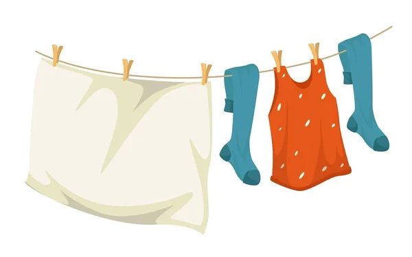 Linea di asciugatura lavanderia pulita appesa con spilli sulla corda — Vettoriale Stock