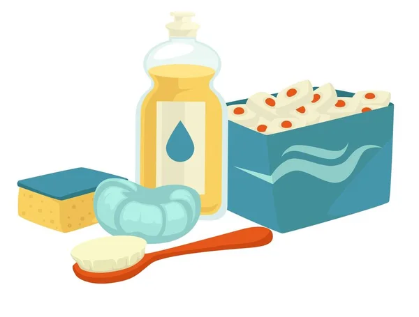 Reinigingsgereedschap en reinigingsmiddel diswashingg en reiniging van geïsoleerde voorwerpen — Stockvector