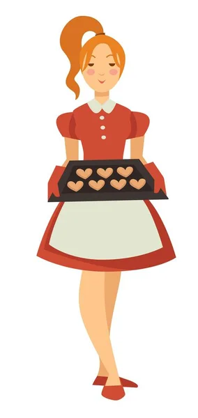 Κορίτσι κρατώντας δίσκο με μπισκότα απομονωμένη θηλυκό χαρακτήρα νοικοκυρά — Διανυσματικό Αρχείο