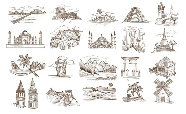 Världs sevärdheter och kända landmärken isolerade byggnader eller landskap skisser — Stock vektor