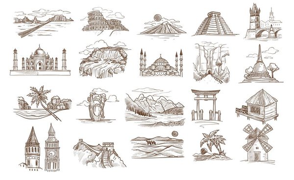 World sights and famous landmarks isolated buildings or landscapes sketches