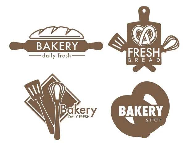 Panadería panadería y pretzel utensilios de cocina iconos aislados — Vector de stock