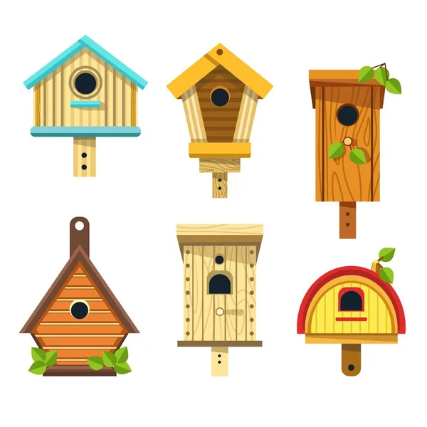 Fészkelő dobozok vagy birdhouses elszigetelt ikonok fából készült kézműves — Stock Vector