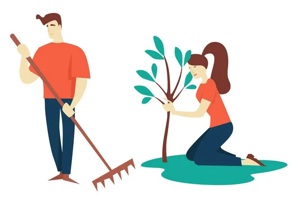 Man en vrouw planten boom tuinieren en groeiende hobby — Stockvector