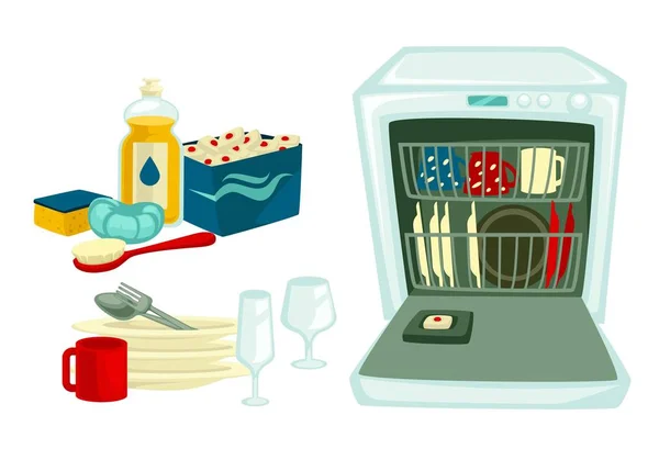 Czyste naczynia i detergenty do zmywarki i narzędzia do mycia na wyizolowanych obiektach — Wektor stockowy