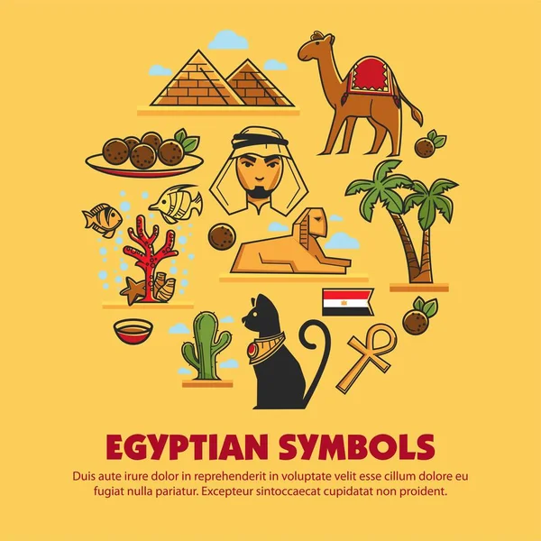 Egyptian symbols travel to Egypt architecture cuisine and animals — Stock Vector