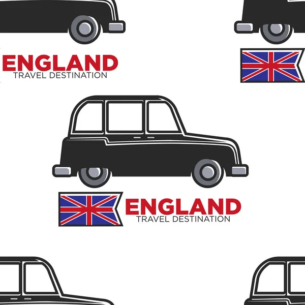 Anglie cestovní destinace anglická kabina a národní vlajka bezešvé vzory — Stockový vektor