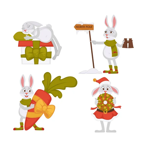 Новорічні кролики або кролики ізольовані тварини заєць в шарфі або спідниці — стоковий вектор