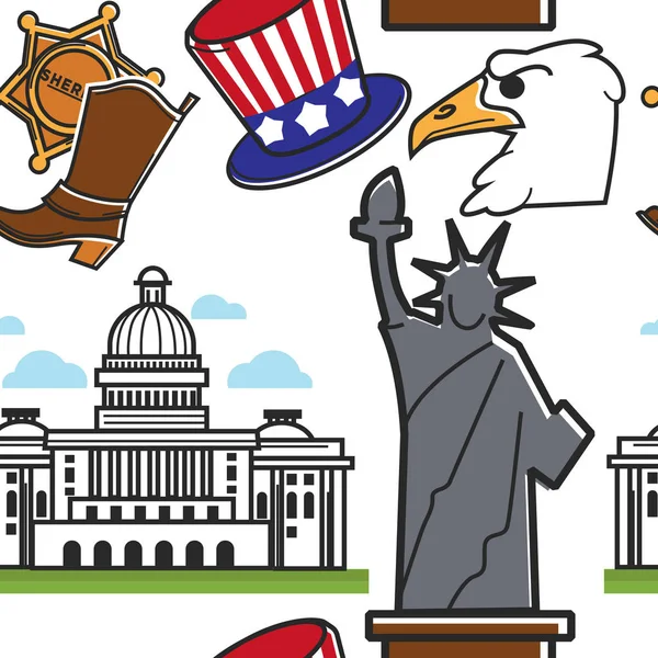 Amerikan sembolleri ve mimarisi sorunsuz desen seyahat ve turizm — Stok Vektör