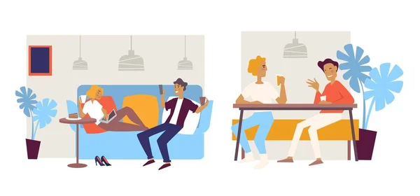 Интерьер кафе: друзья-бармены и пара на диване — стоковый вектор