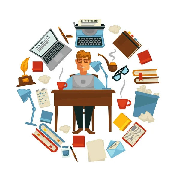 Writing items and writer laptop and typing machine profession — Stock Vector