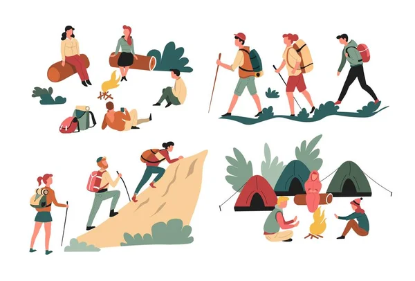 Senderismo amigos mochilero y camping montañas y bosques aislados personajes — Vector de stock