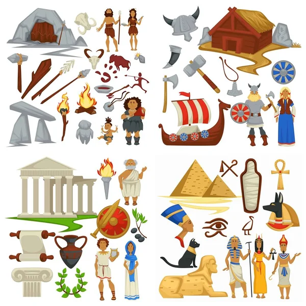 Ókori civilizációk primitív emberek és vikingek antik Görögország és Egyiptom — Stock Vector