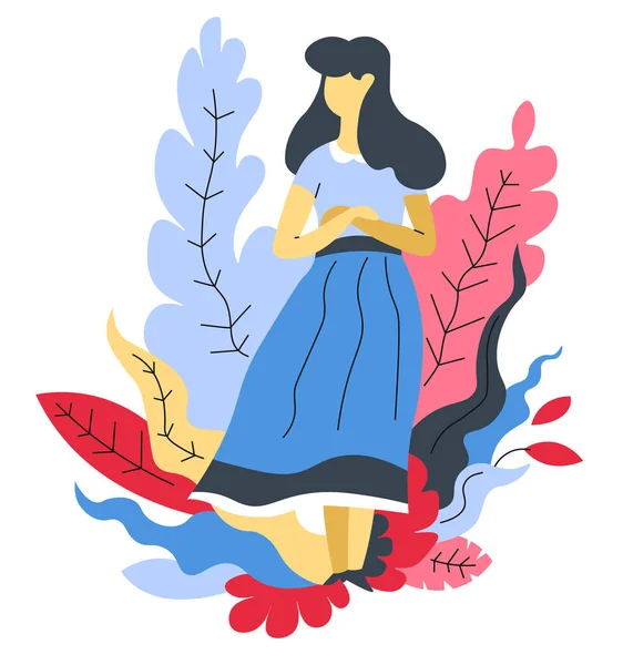 Женщина и растения девушка, стоящая со сложенными руками, изолированная абстрактная икона — стоковый вектор