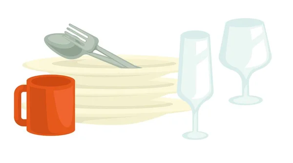 Schone gerechten en glazen of beker lepel en vork vaatwas — Stockvector