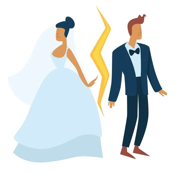 Divorcio y separación familiar novia y novio ruptura de la boda — Vector de stock